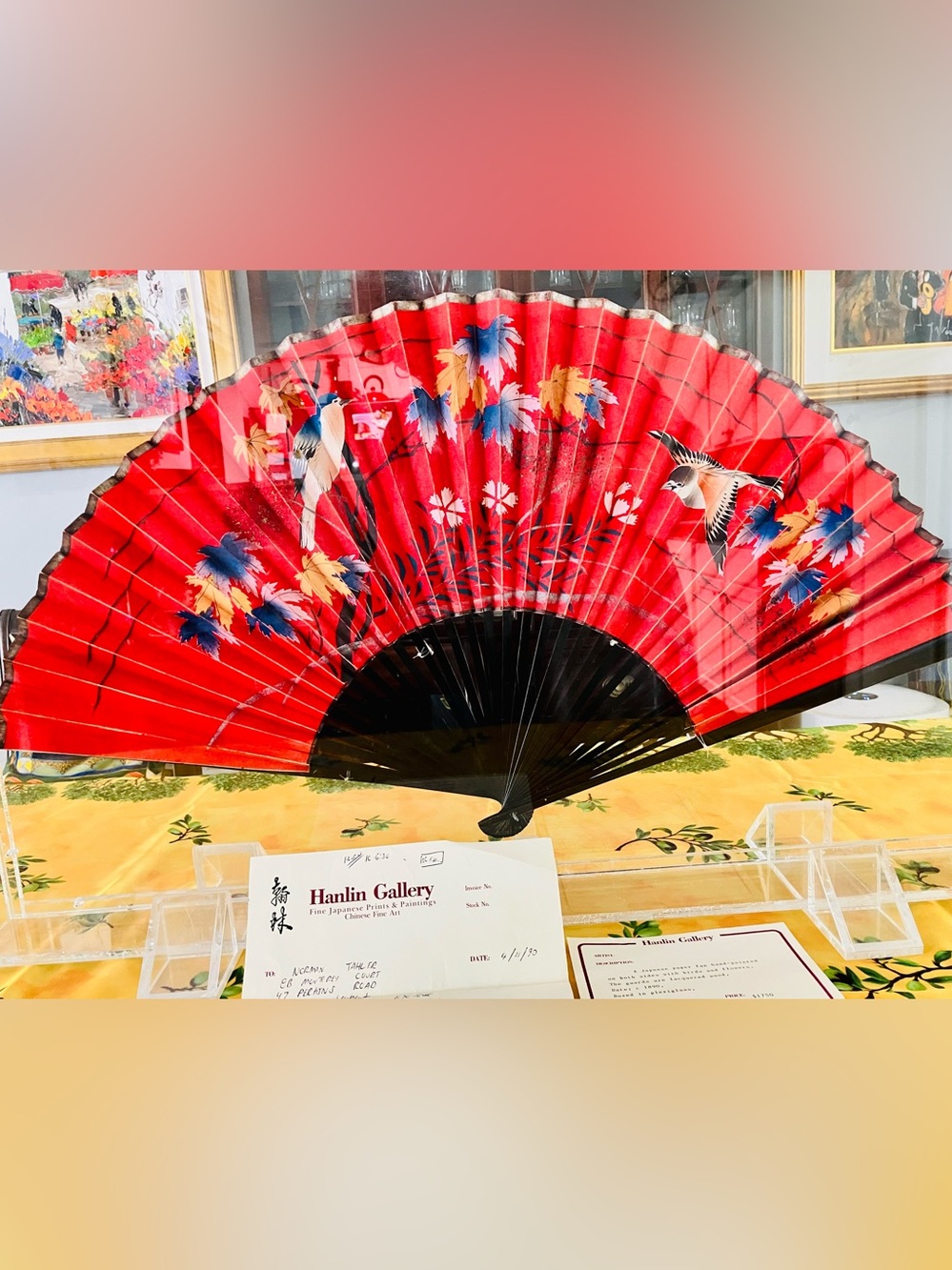 Large Antique 1890’s Hand Painted Japanese Fan In Plexiglass, Bought in 1990